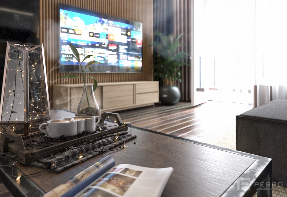 Komputerowa wizualizacja klimatycznego kącika telewizyjnego ze stolikiem i kawą