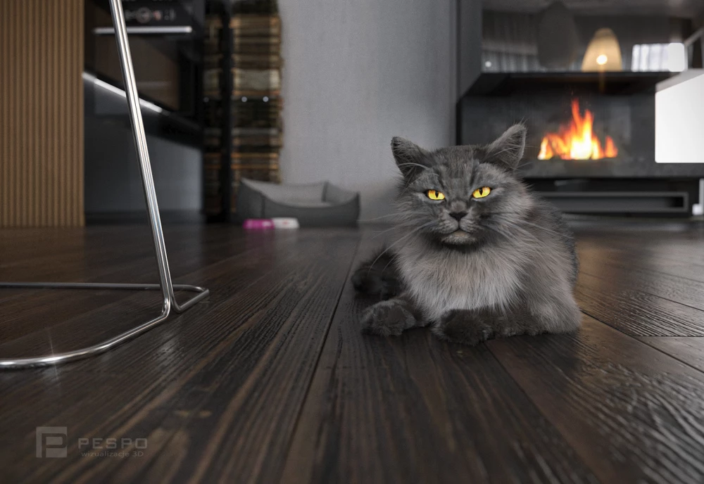 Komputerowa wizualizacja leżącego kota na tle rozpalonego kominka | Pesponet
