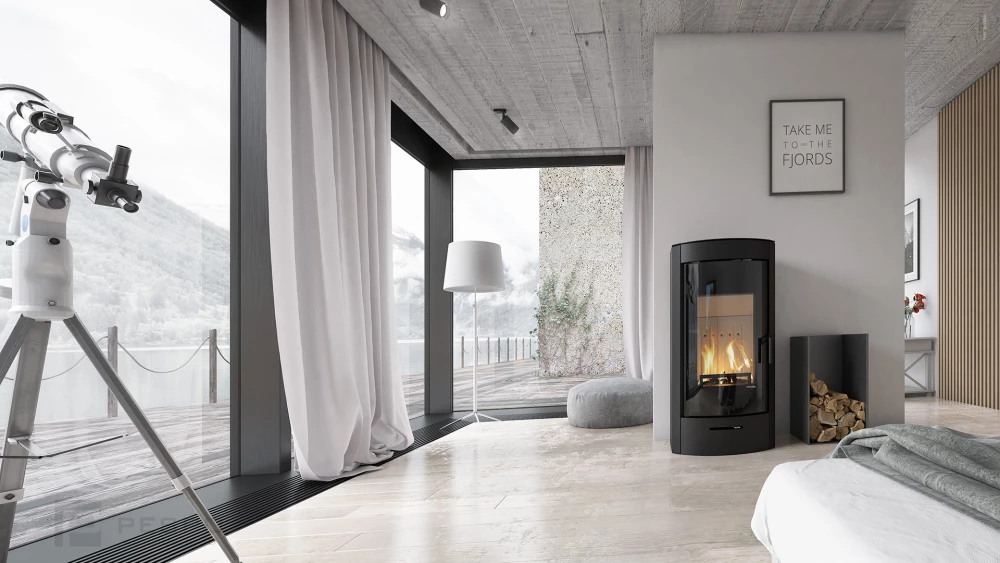 Wizualizacja 3D wnętrza nowoczesnego domu nad jeziorem. Wewnątrz klimatyczny kominek, luneta oraz łóżko.