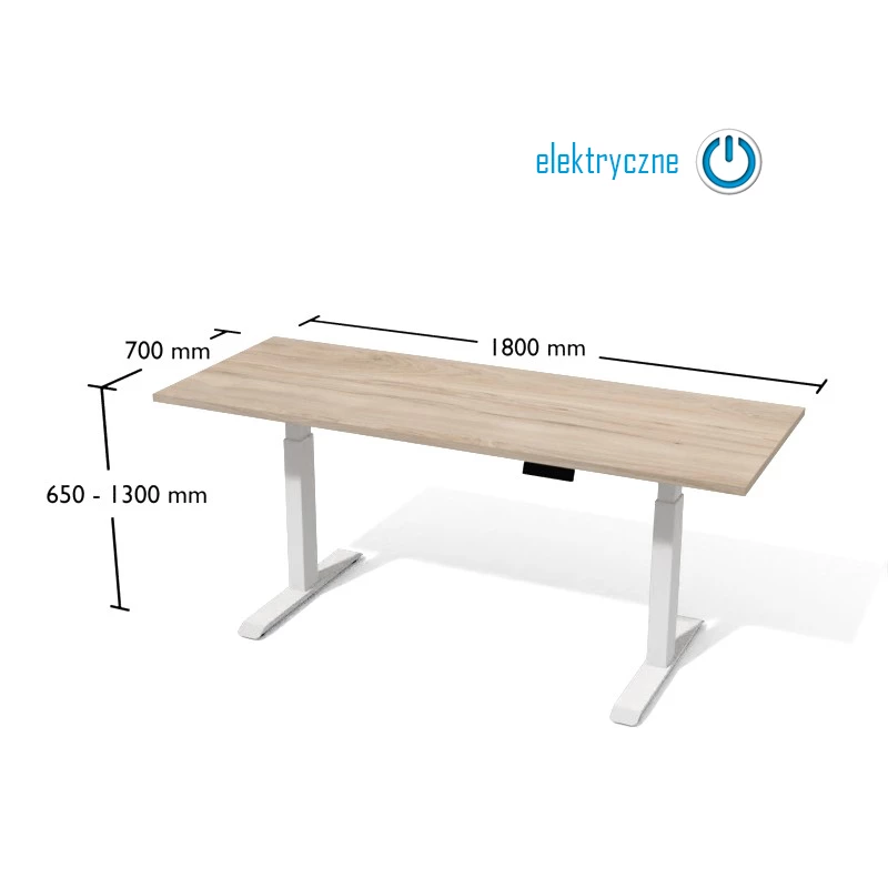 Rysunek biurka wraz z wymiarami. Biurko na elektrycznnie regulowanym stelażu metalowym.