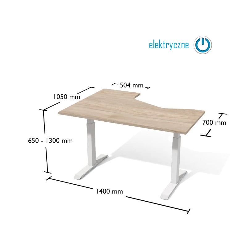 Rysunek biurka wraz z wymiarami. Biurko na elektrycznnie regulowanym stelażu metalowym.