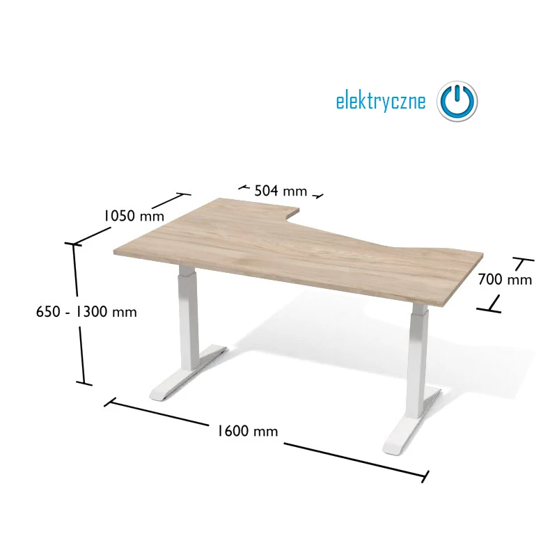 Rysunek biurka wraz z wymiarami. Biurko na elektrycznnie regulowanym stelażu metalowym.