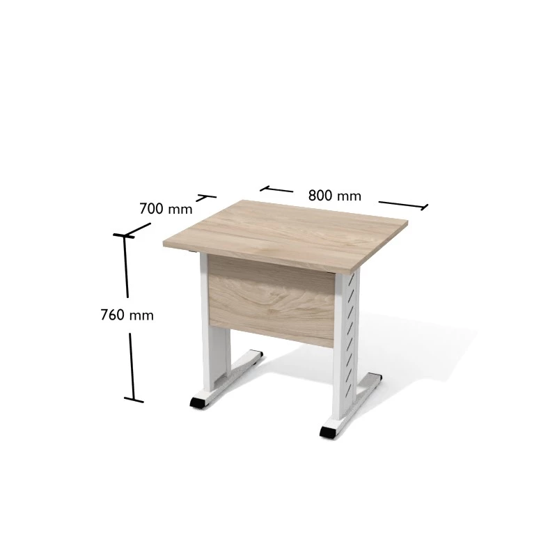 Rysunek biurka wraz z wymiarami. Biurko proste na stelażu metalowym. Wymiary 80x70 cm