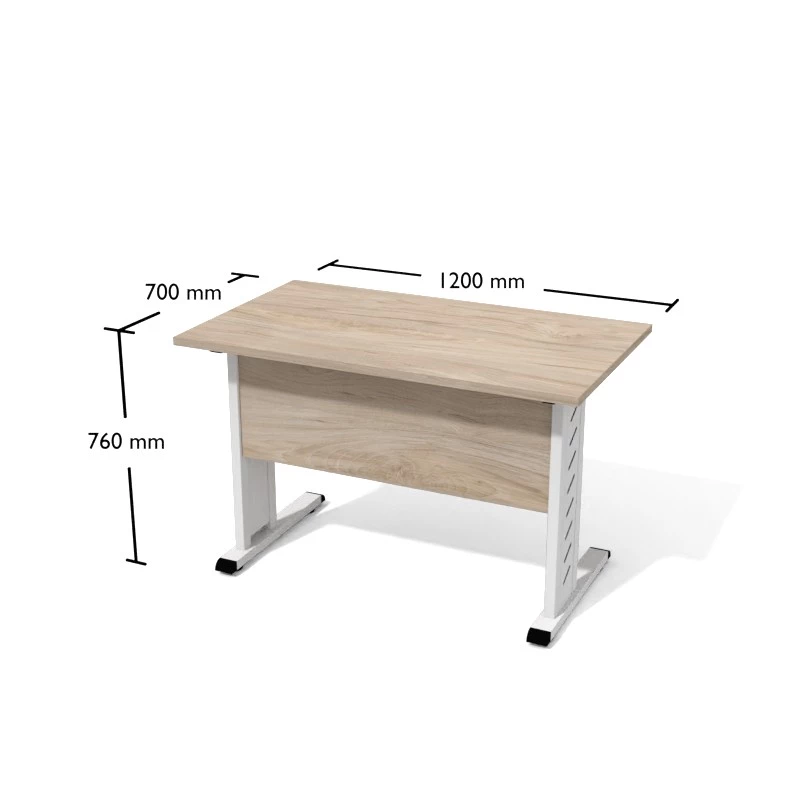 Rysunek biurka wraz z wymiarami. Biurko proste na stelażu metalowym. Wymiary 120x70 cm
