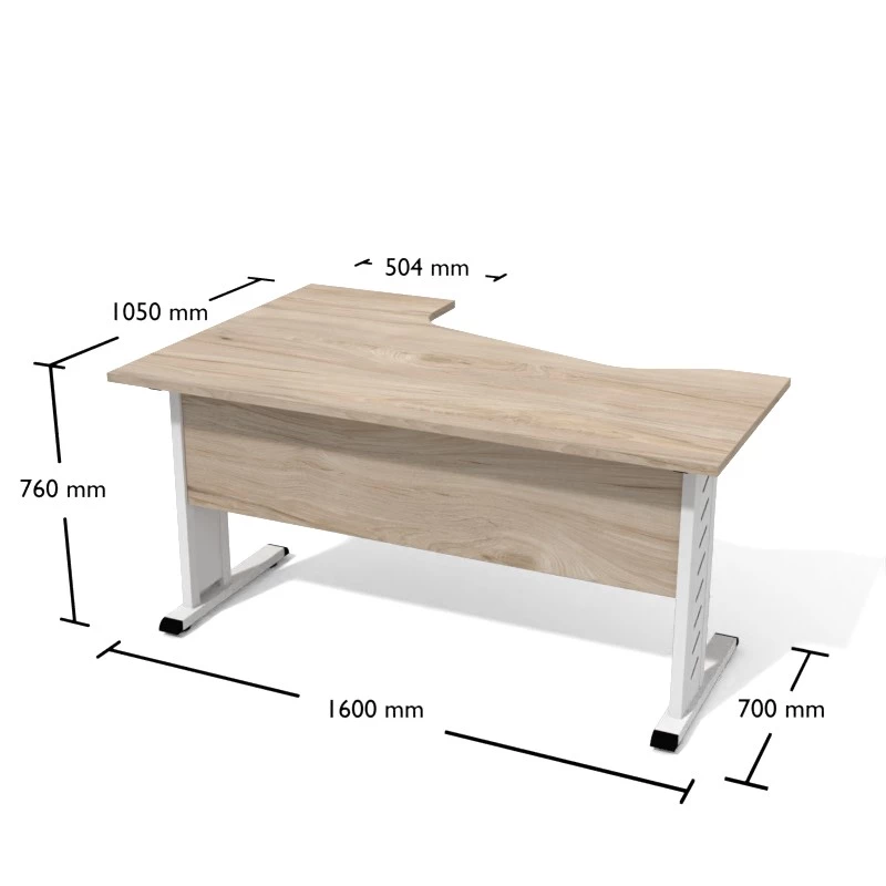 Rysunek biurka wraz z wymiarami. Biurko narożne na stelażu metalowym.