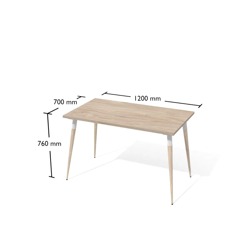 Nowoczesne biurko na zwężanych drewnianych nogach. Wymiary 120x70 cm.