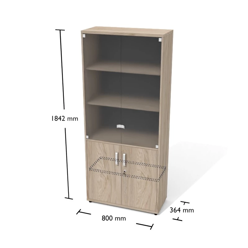 Rysunek regału aktowego częściowo przeszklonego wraz z wymiarami