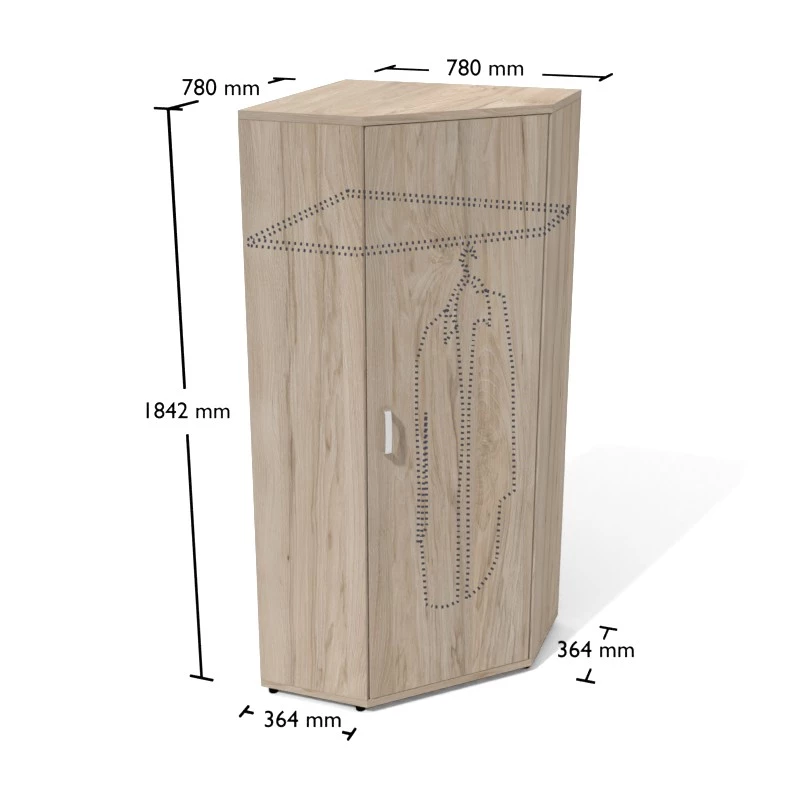 Rysunek narożnej szafy ubraniowej wraz z wymiarami